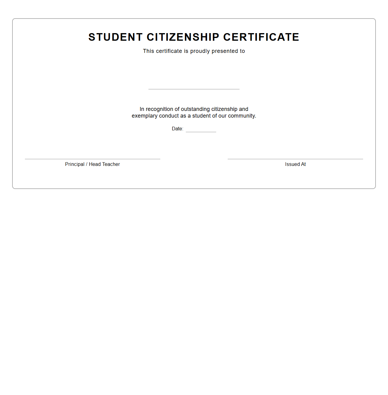 Student Citizenship Blank Certificate Template