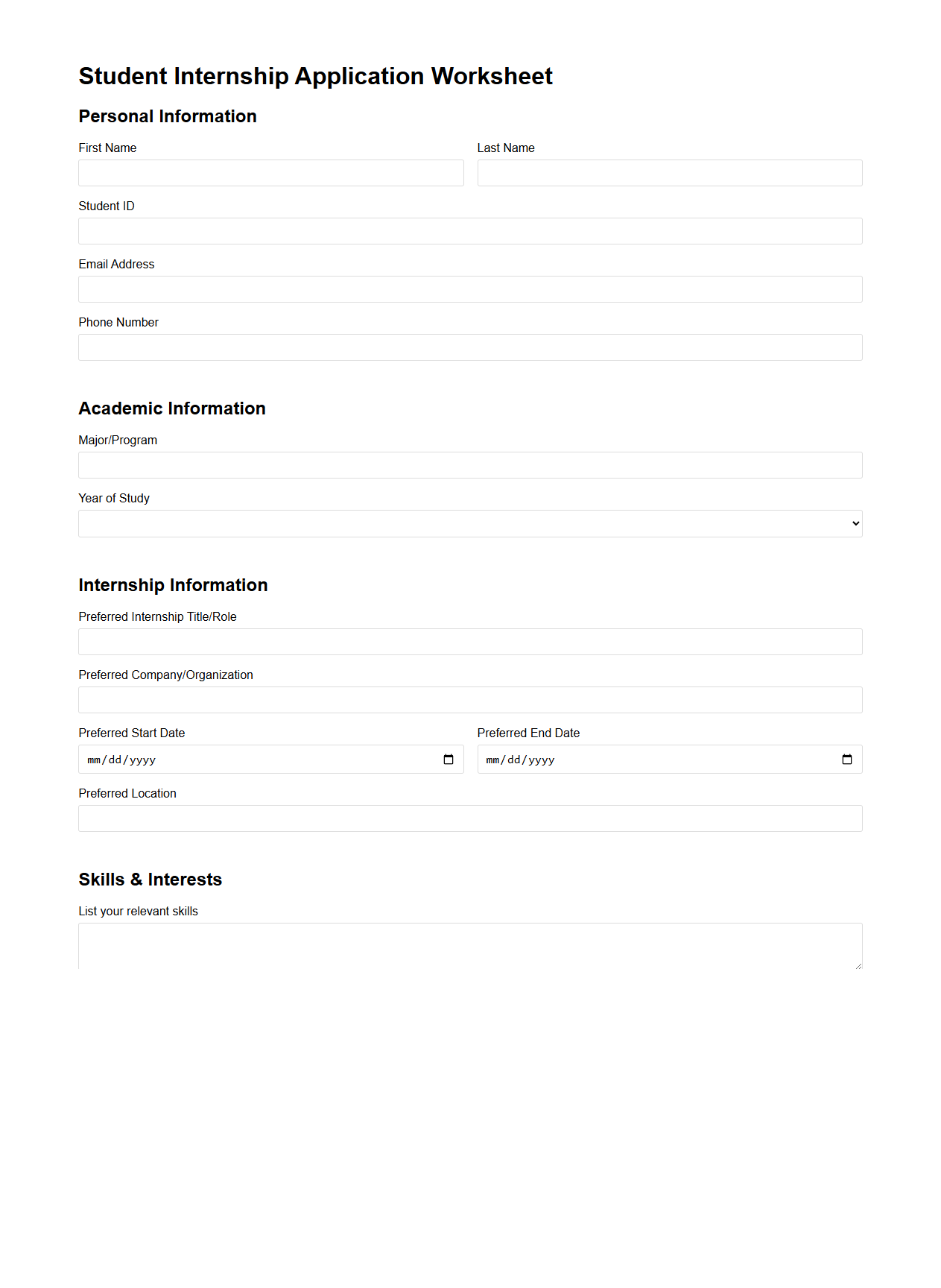 Student Internship Application Worksheet