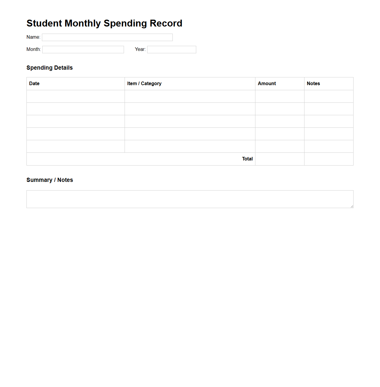 Student Monthly Spending Record