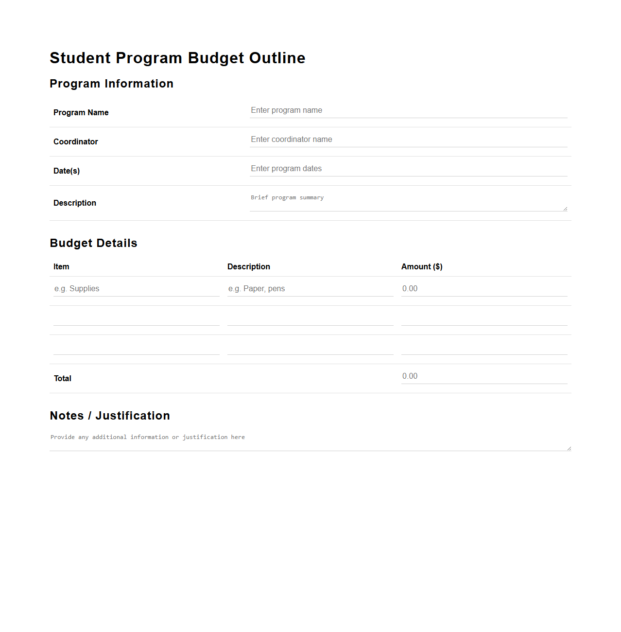 Student Program Budget Outline