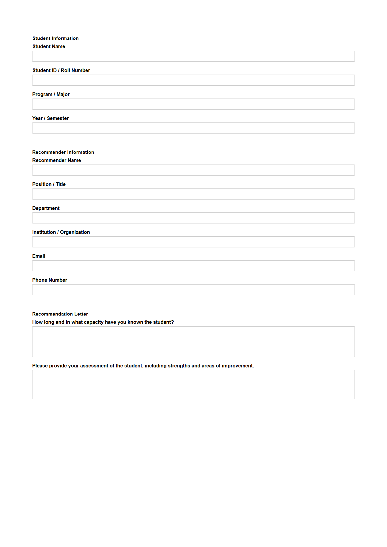 Student Recommendation Blank Letter Form