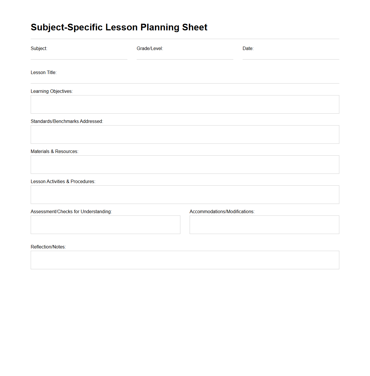 Subject-Specific Lesson Planning Sheet
