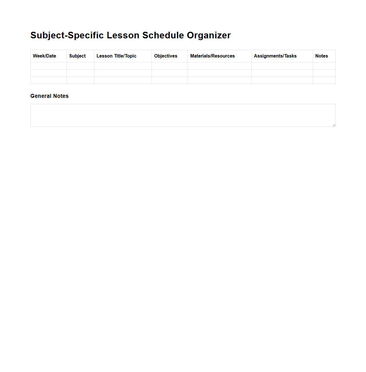 Subject-Specific Lesson Schedule Organizer