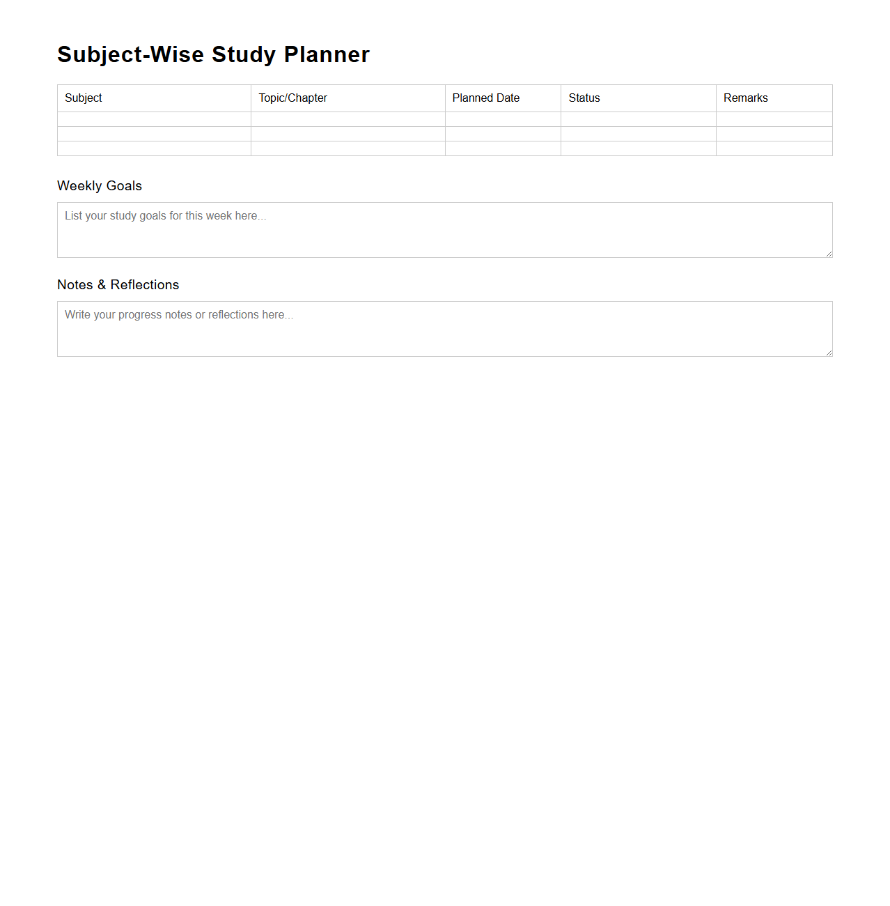 Subject-Wise Study Planner Template for Students
