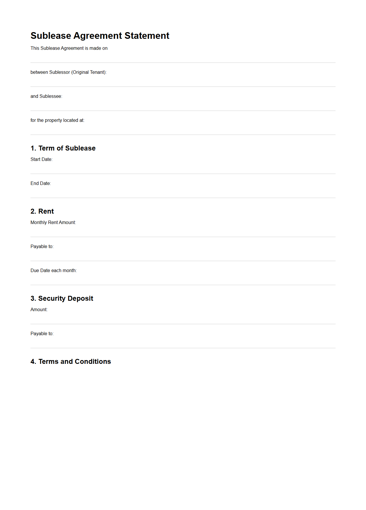 Sublease Agreement Statement Blank