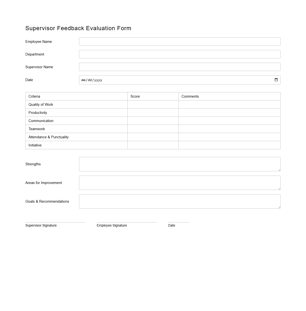 Supervisor Feedback Evaluation Blank Form