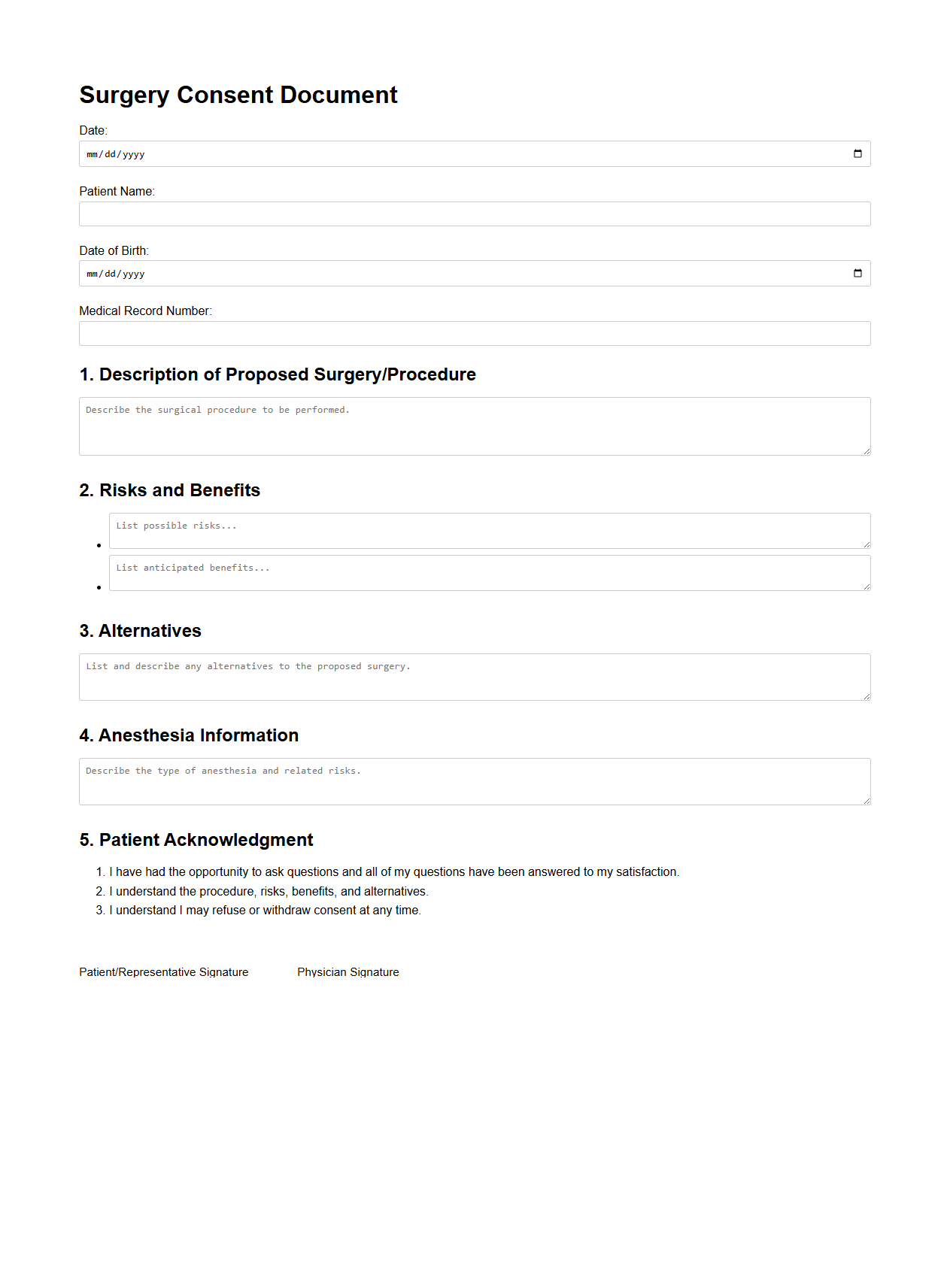 Surgery Consent Document Template