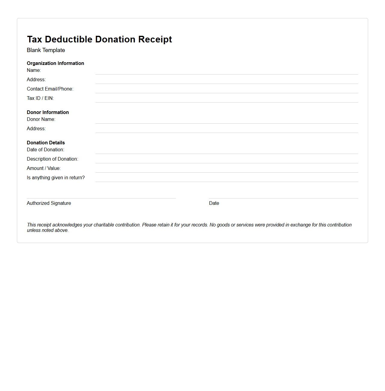 Tax Deductible Donation Receipt Template