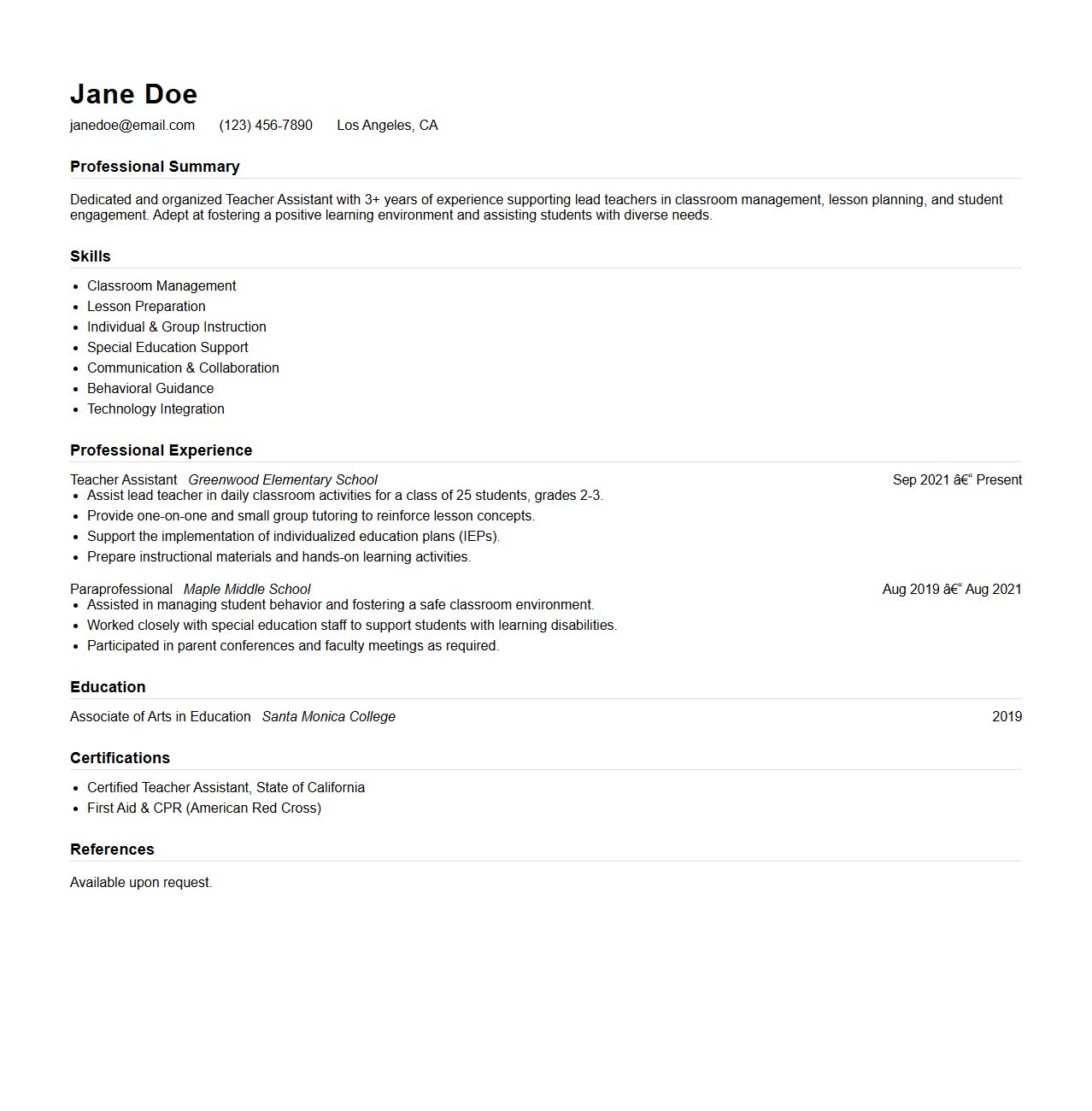 Teacher Assistant Resume Example