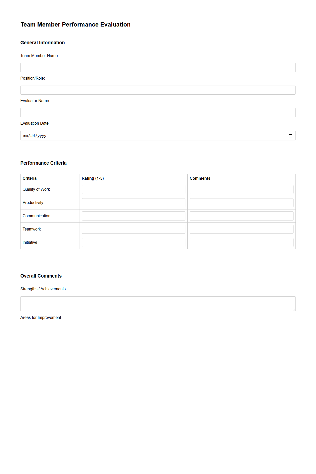 Team Member Performance Evaluation Blank Sheet