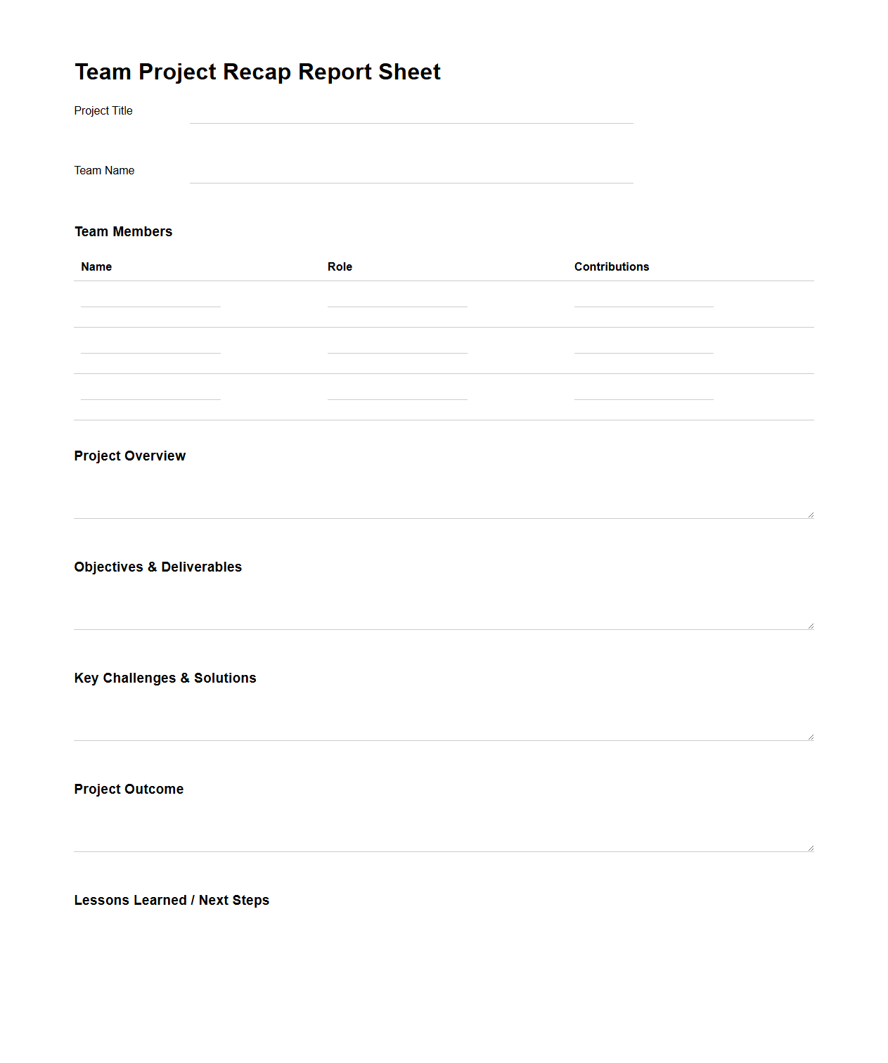 Team Project Recap Report Sheet