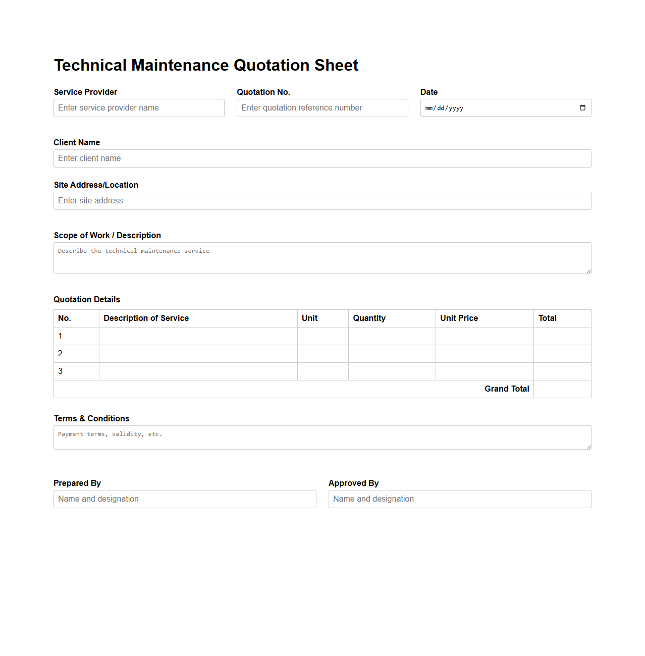 Technical Maintenance Quotation Sheet for Service Providers