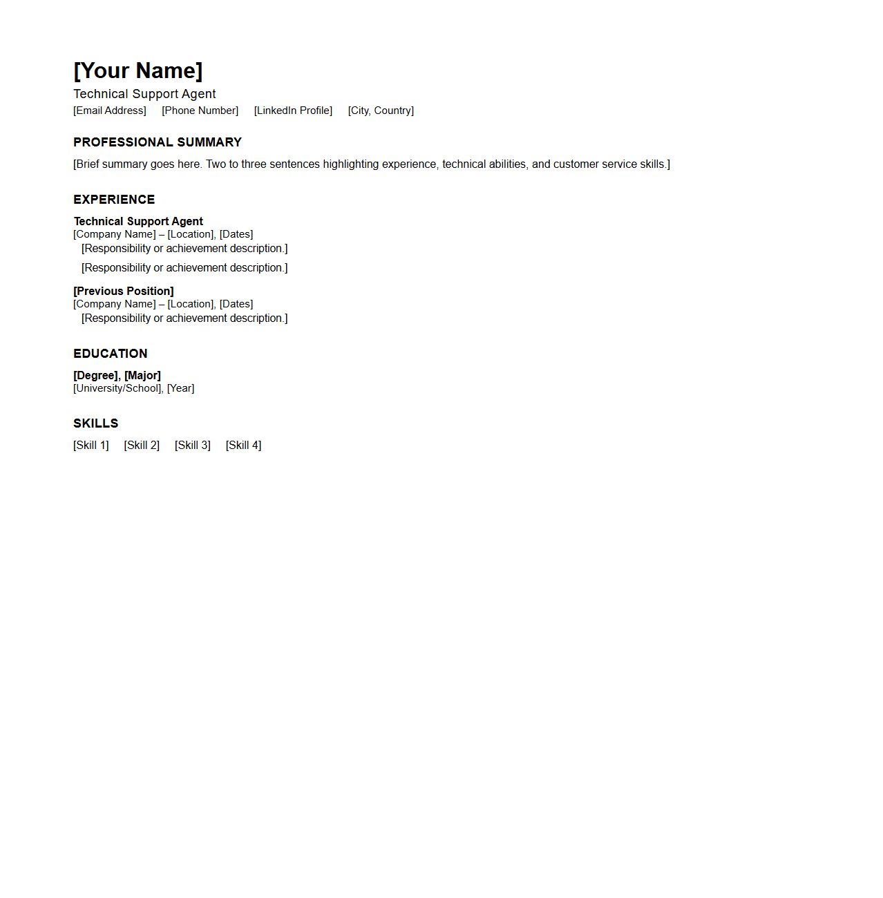 Technical Support Agent Resume Layout