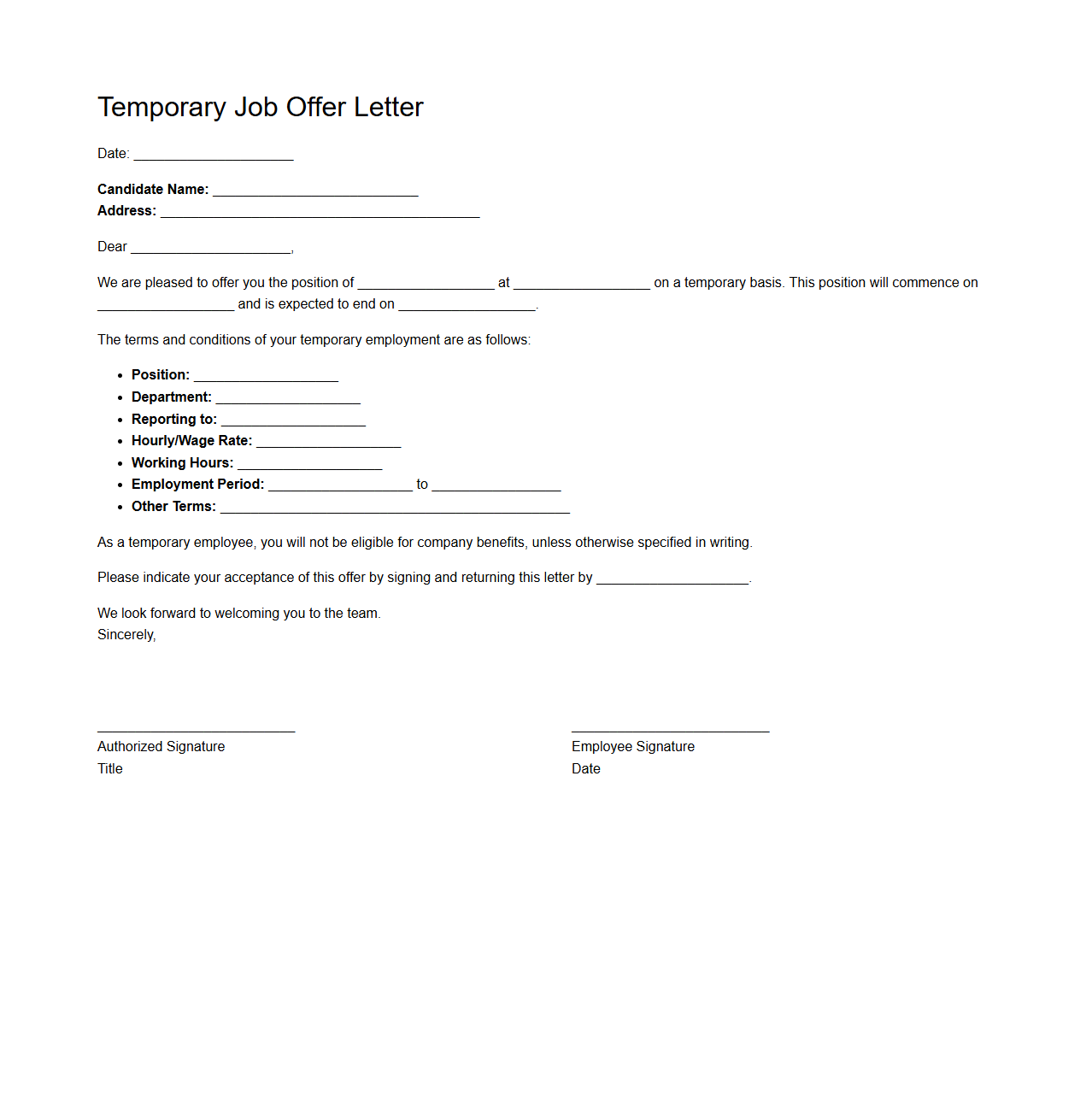 Temporary Job Offer Letter Template