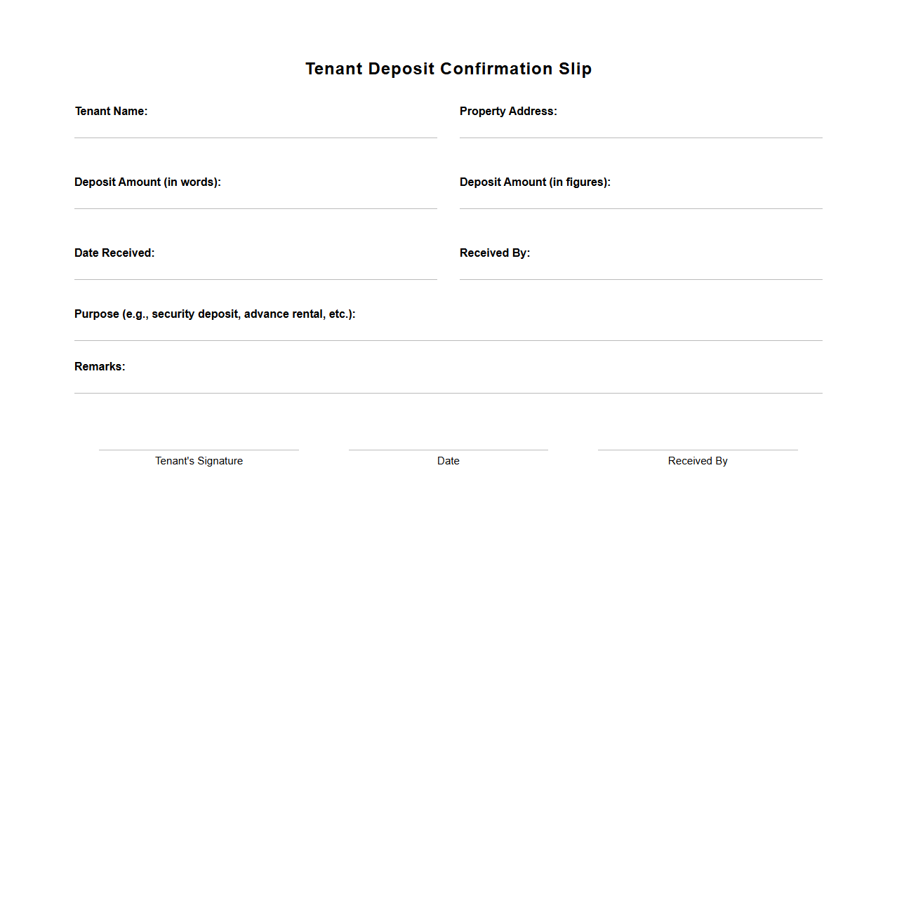 Tenant Deposit Confirmation Slip