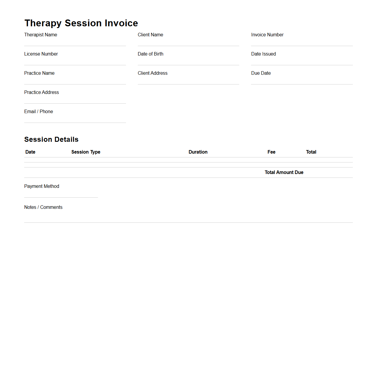 Therapy Session Invoice Template