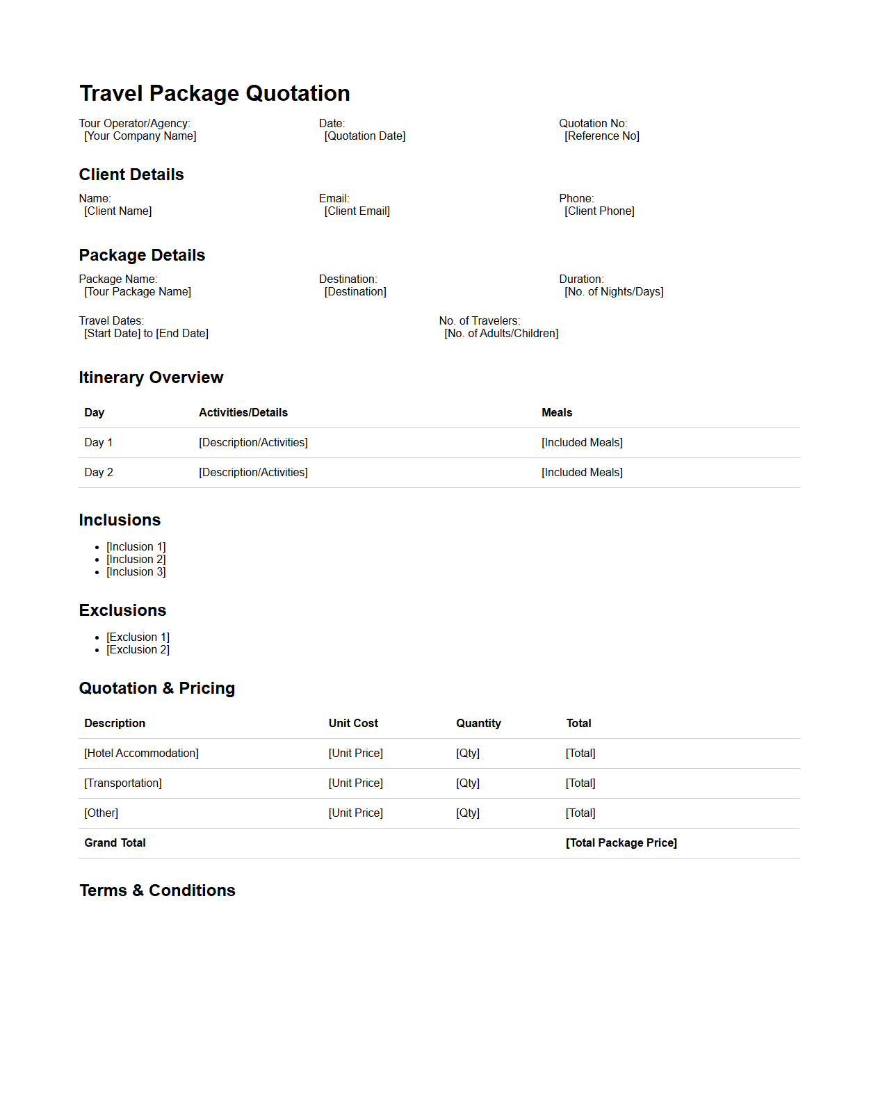 Travel Package Quotation Format for Tour Operators