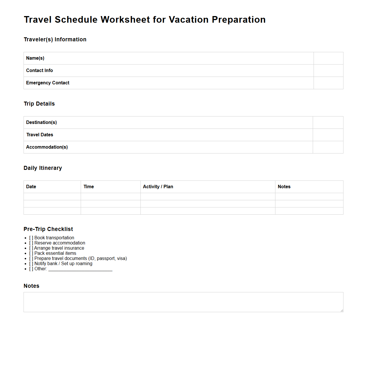 Travel Schedule Worksheet for Vacation Preparation