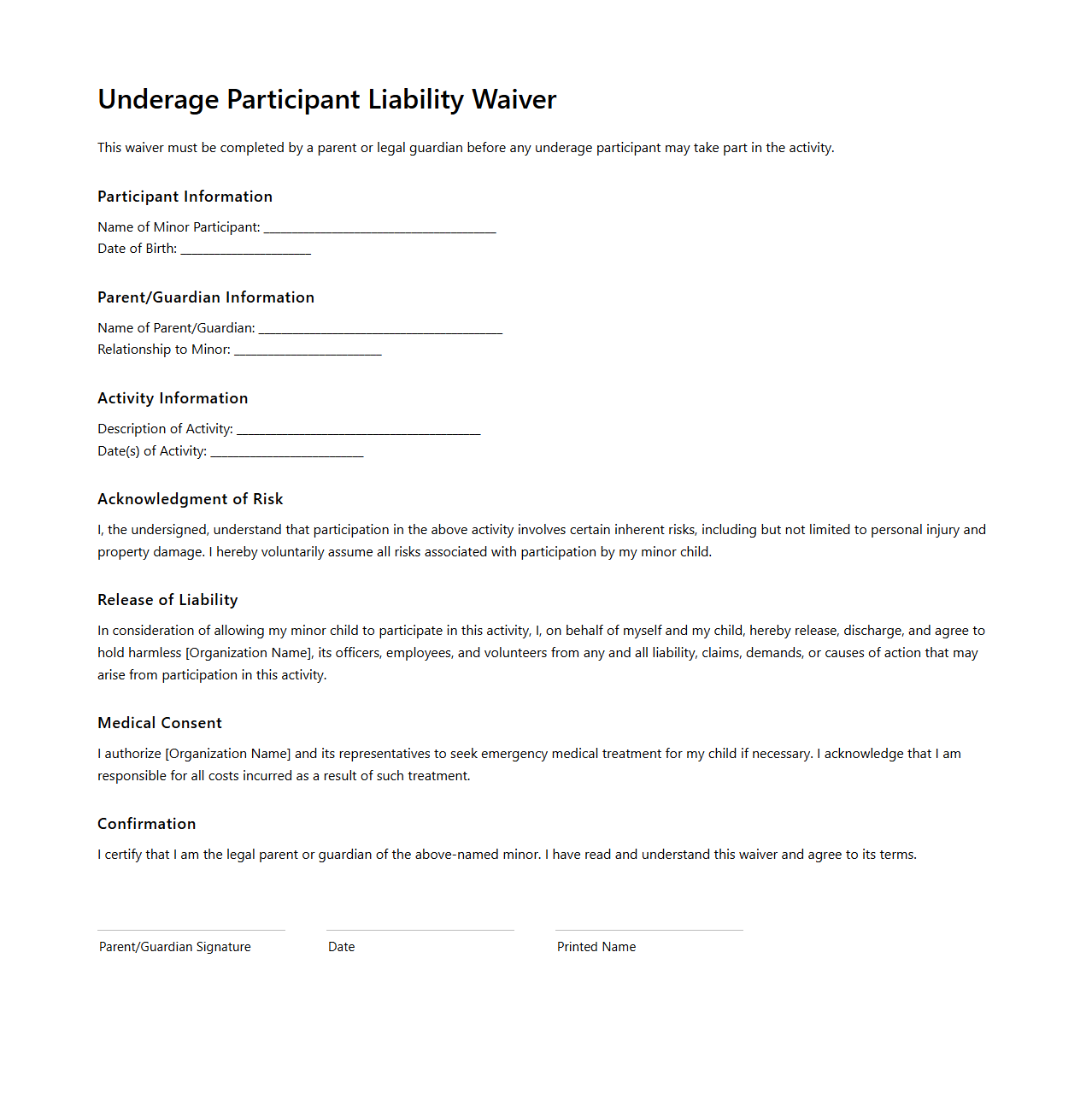 Underage Participant Liability Waiver