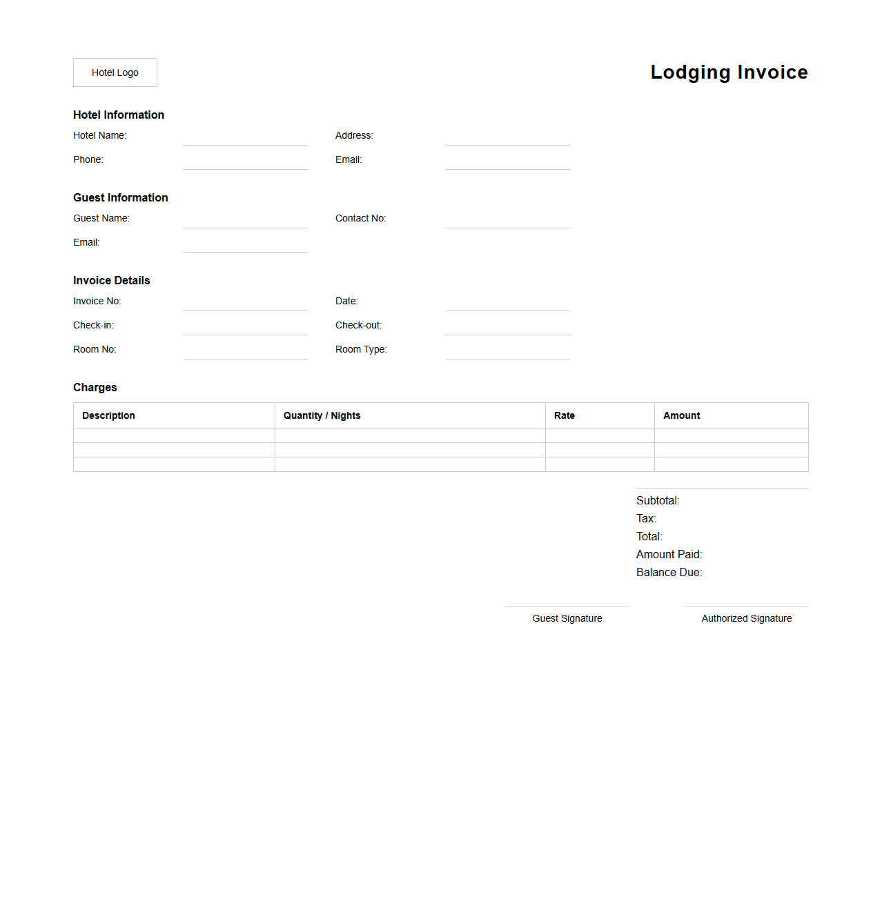 Unfilled Lodging Invoice Format for Hotel Management