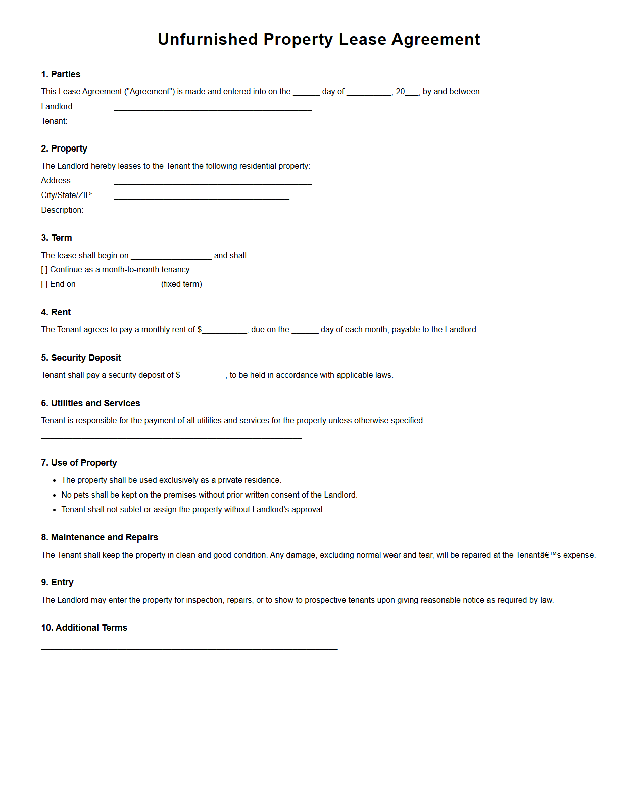 Unfurnished Property Lease Template