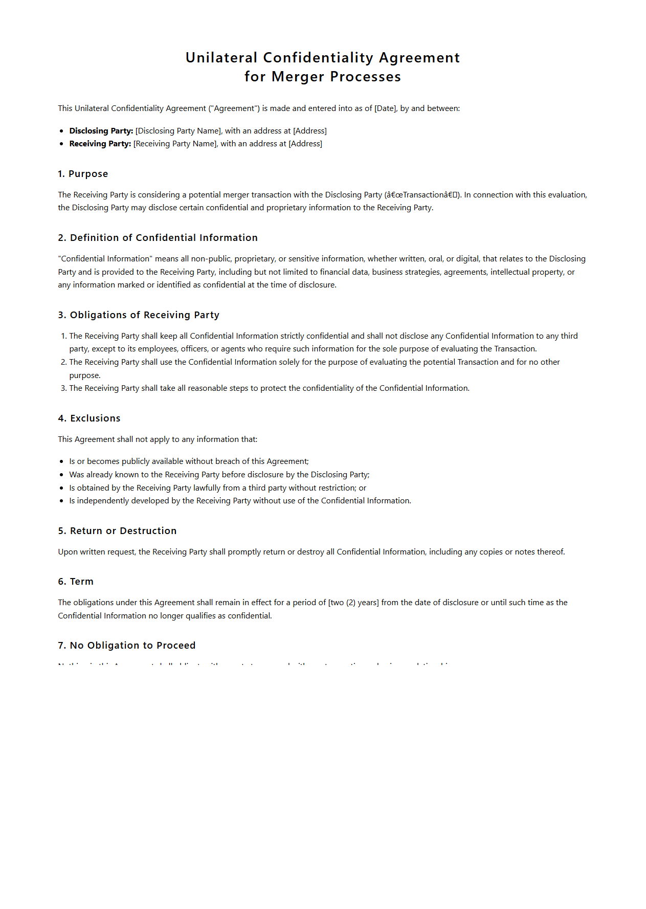 Unilateral Confidentiality Agreement for Merger Processes