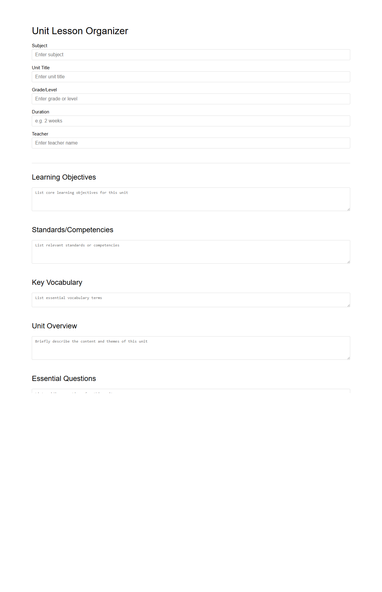 Unit Lesson Organizer for Subject Planning