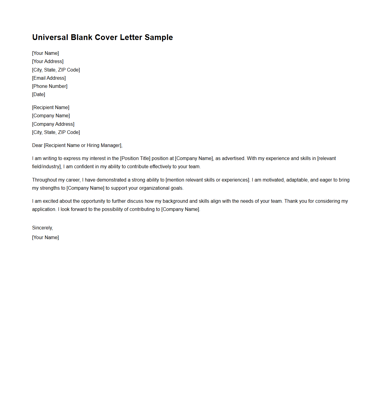 Universal Blank Cover Letter Sample for All Roles