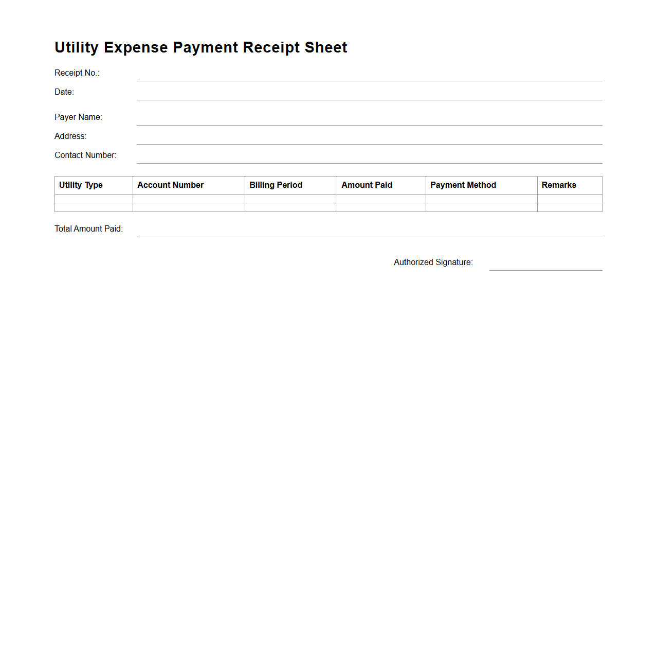 Utility Expense Payment Receipt Sheet