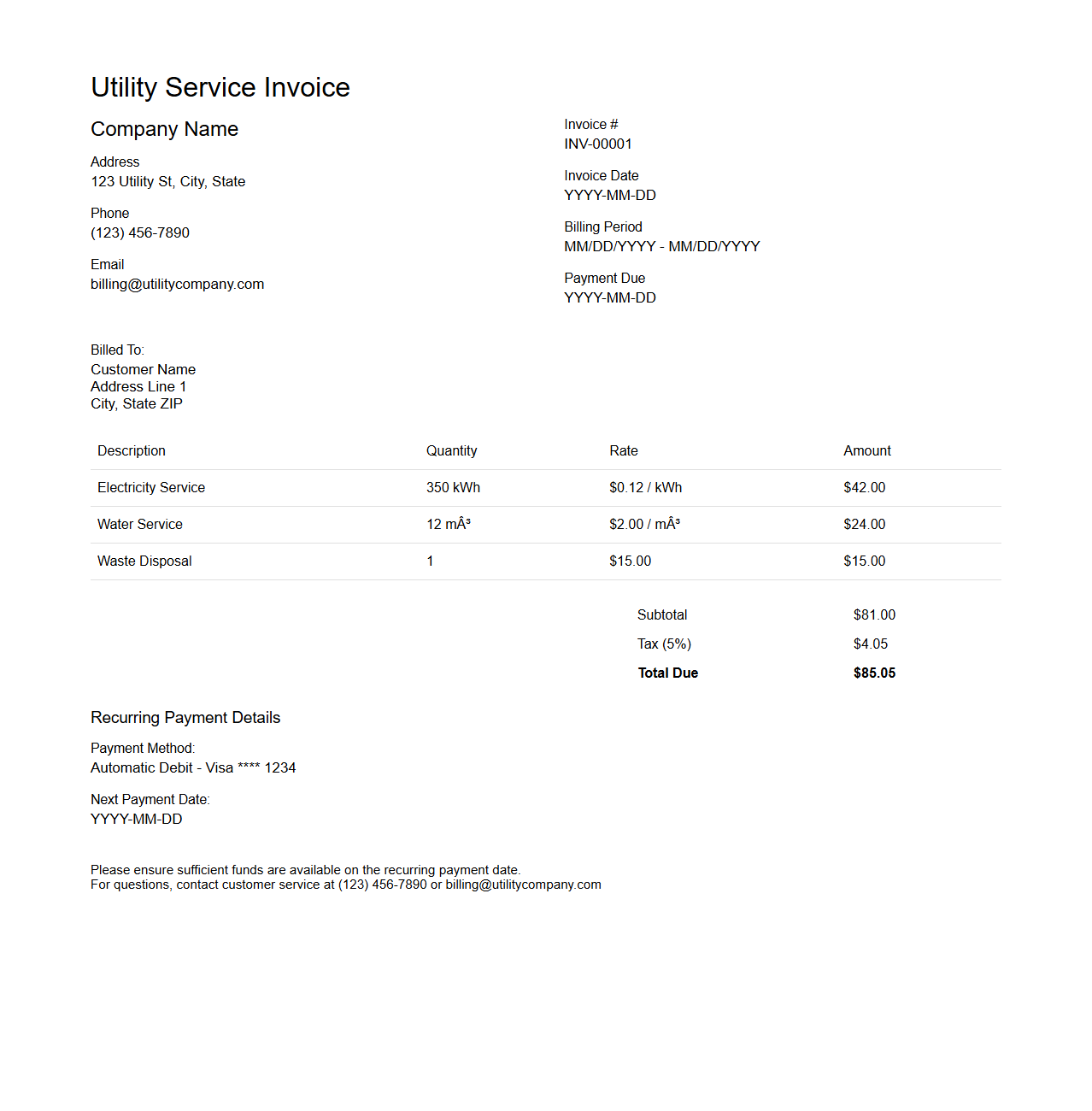 Utility Service Invoice Template for Recurring Payments
