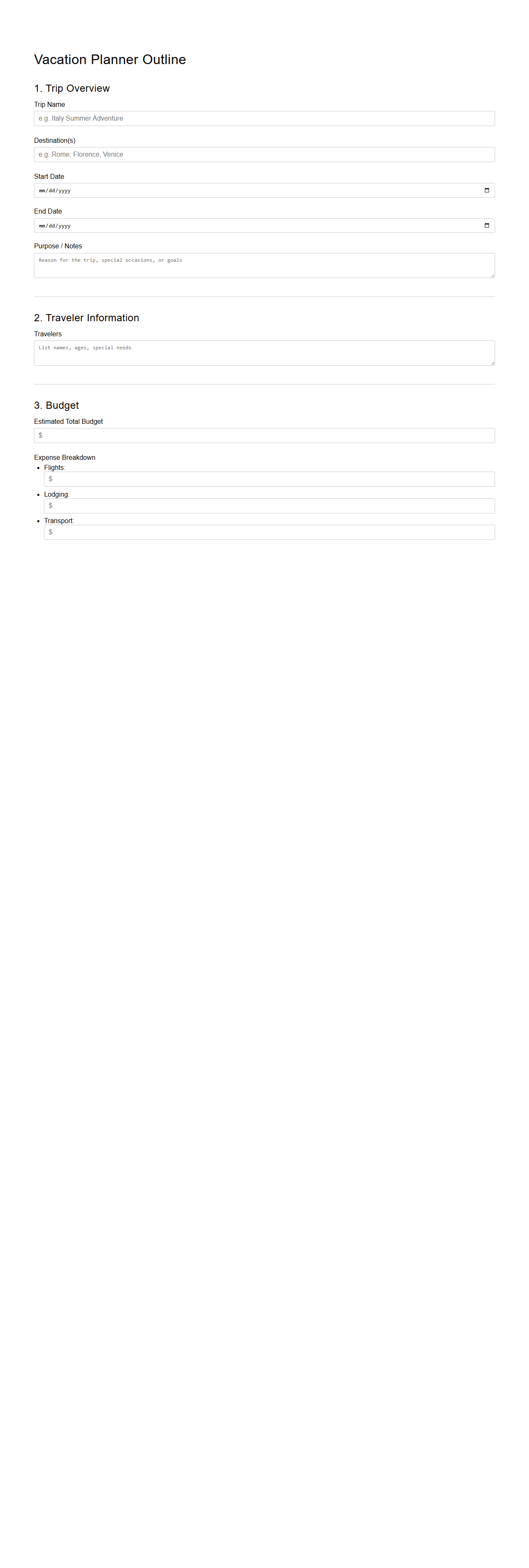 Vacation Planner Outline for Comprehensive Trip Setup