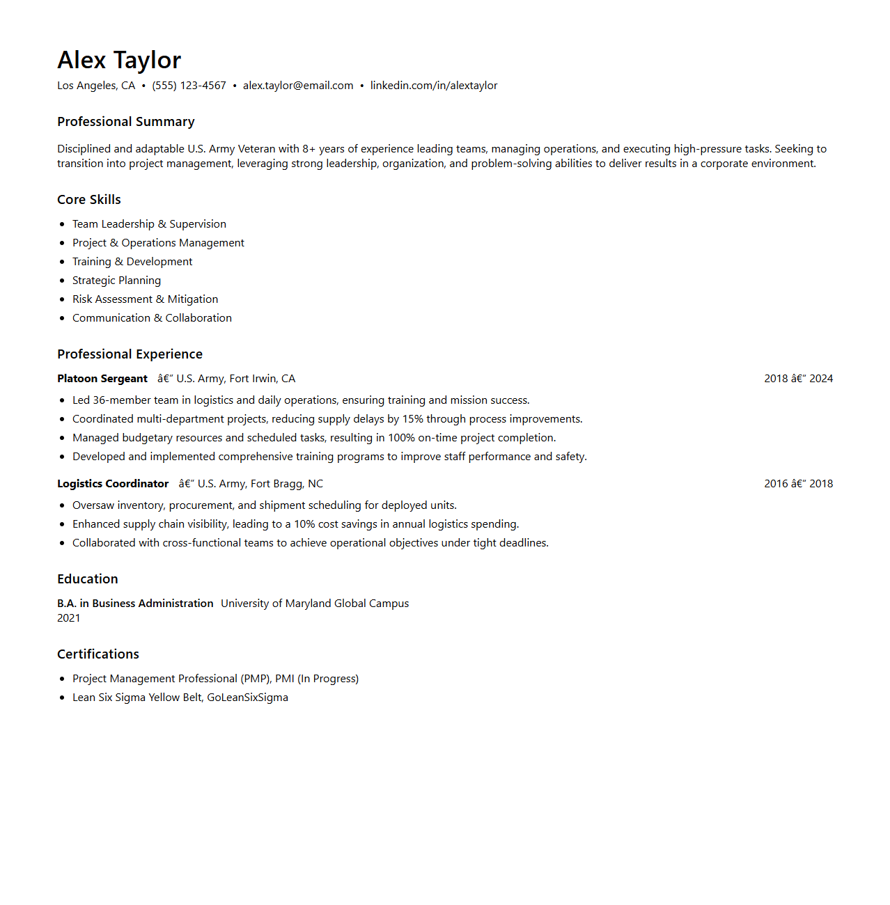 Veteran Career Change Resume Sample