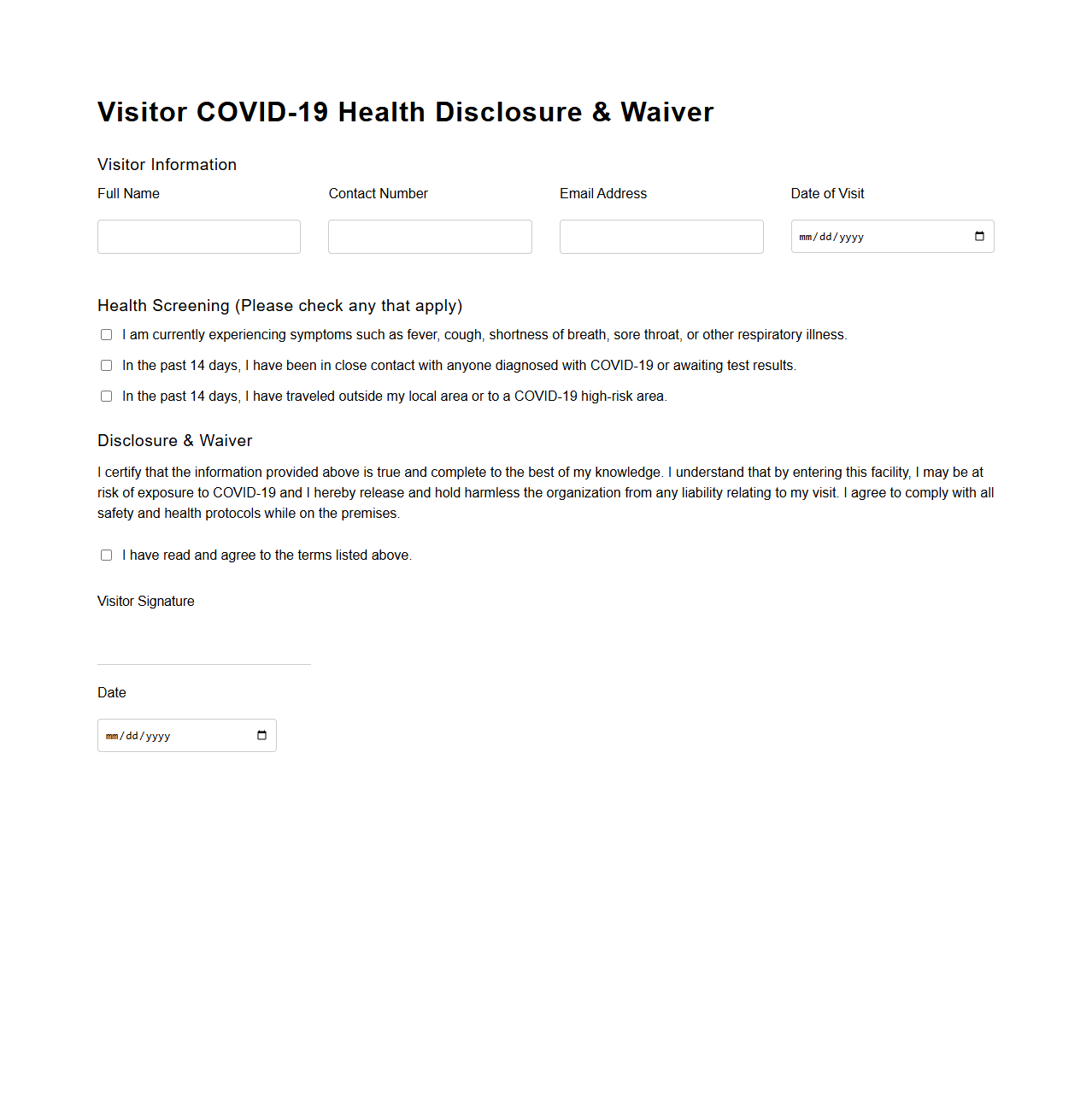 Visitor COVID-19 Health Disclosure and Waiver
