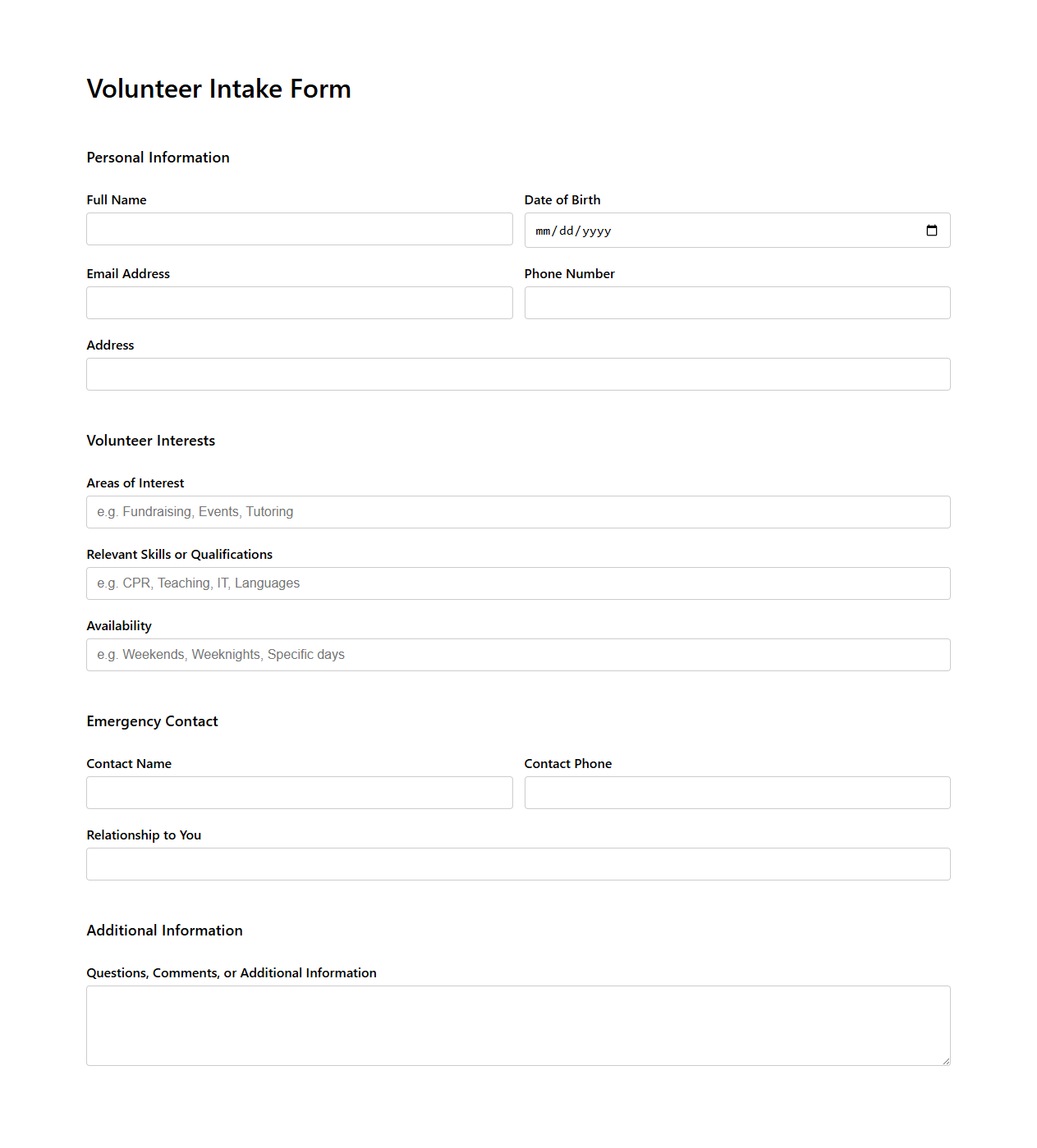 Volunteer Intake Form Template for Charities