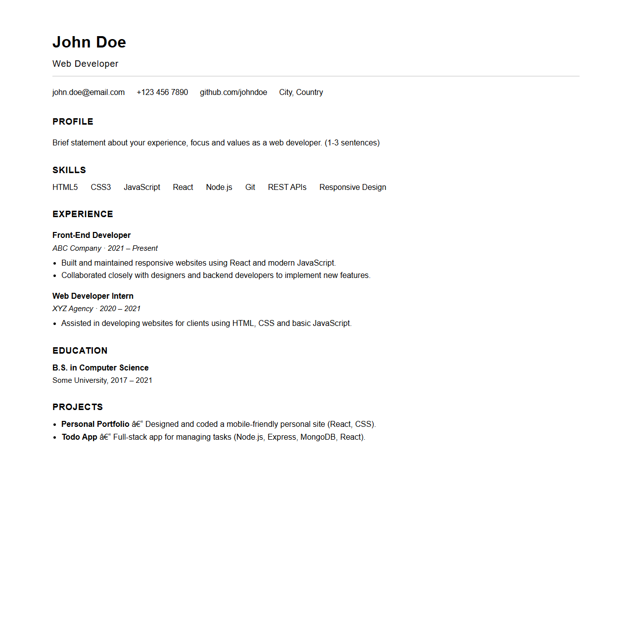 Web Developer Resume Template