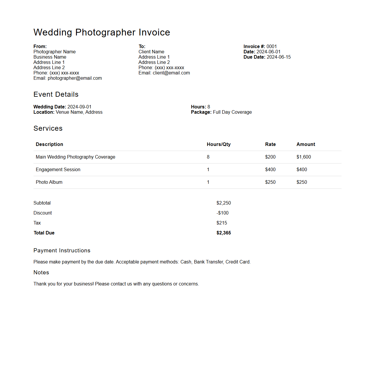 Wedding Photographer Billing Template