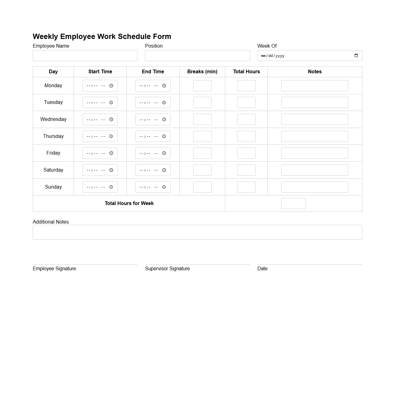 Weekly Employee Work Schedule Form