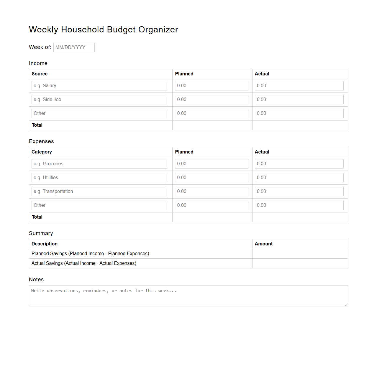 Weekly Household Budget Organizer