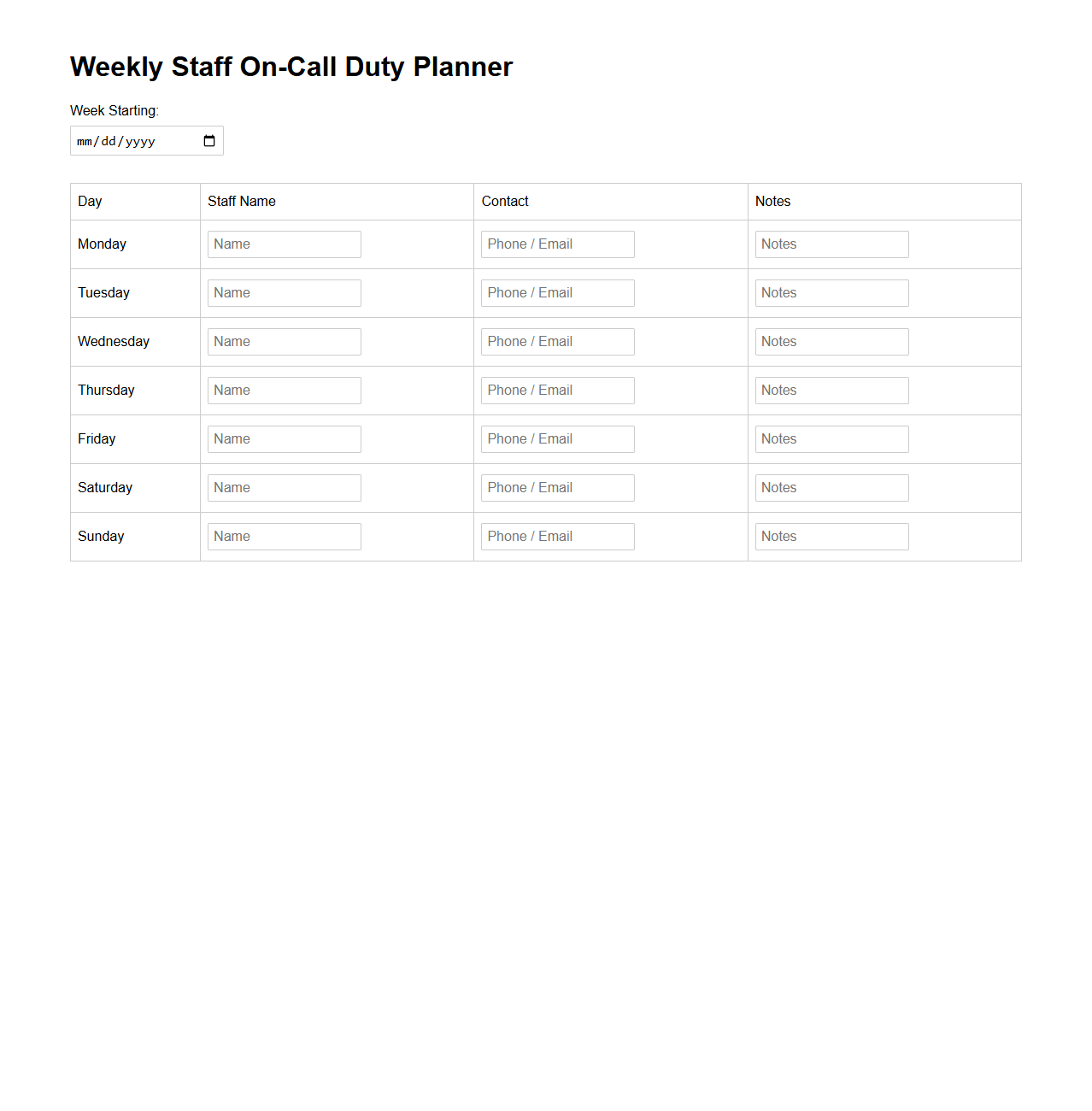 Weekly Staff On-Call Duty Planner