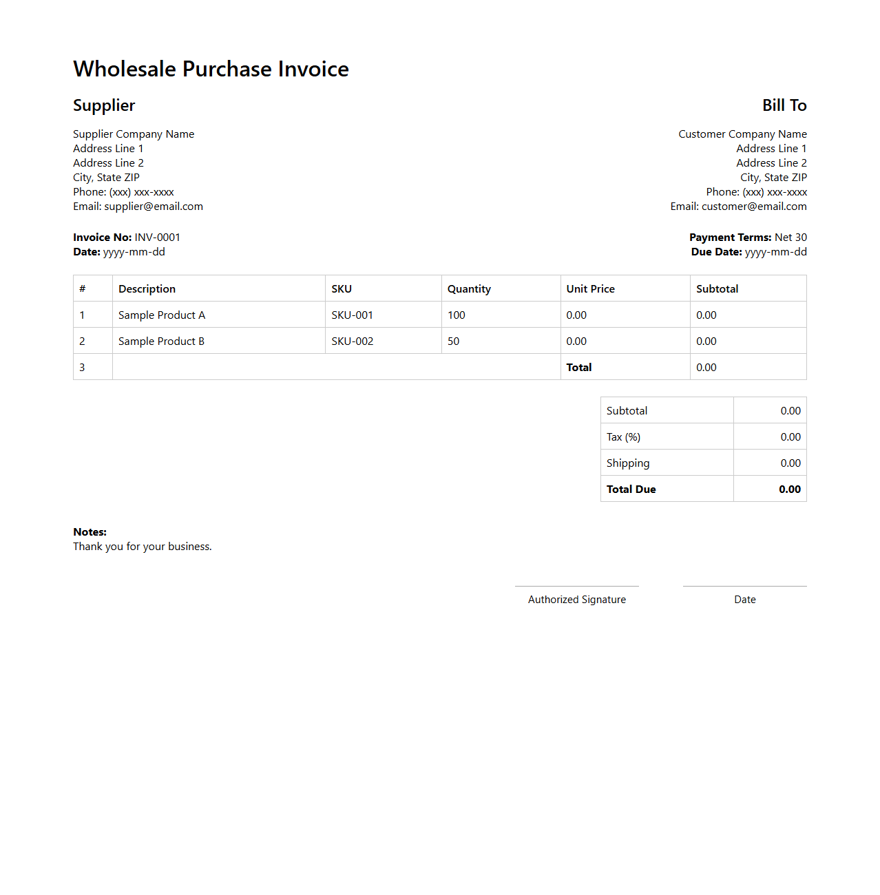 Wholesale Purchase Invoice Template for Suppliers