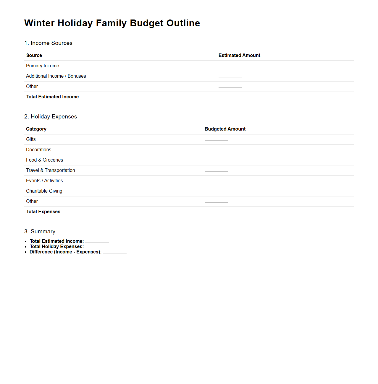 Winter Holiday Family Budget Outline