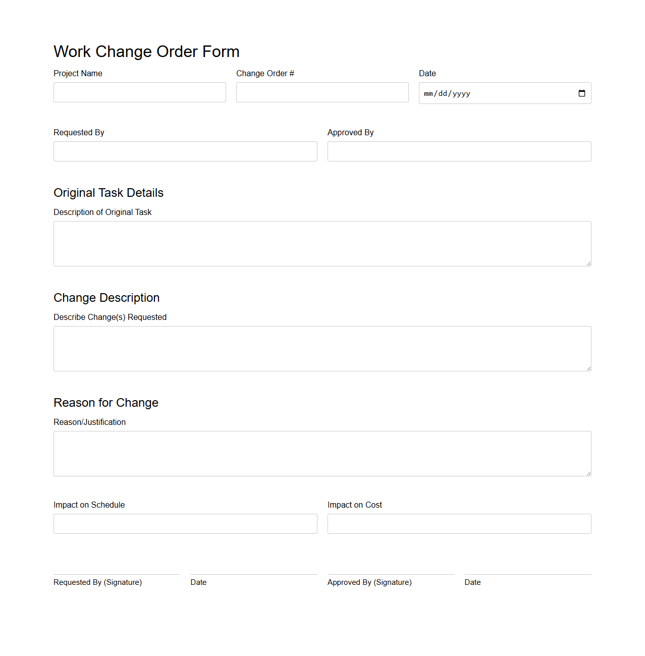 Work Change Order Form for Task Revisions