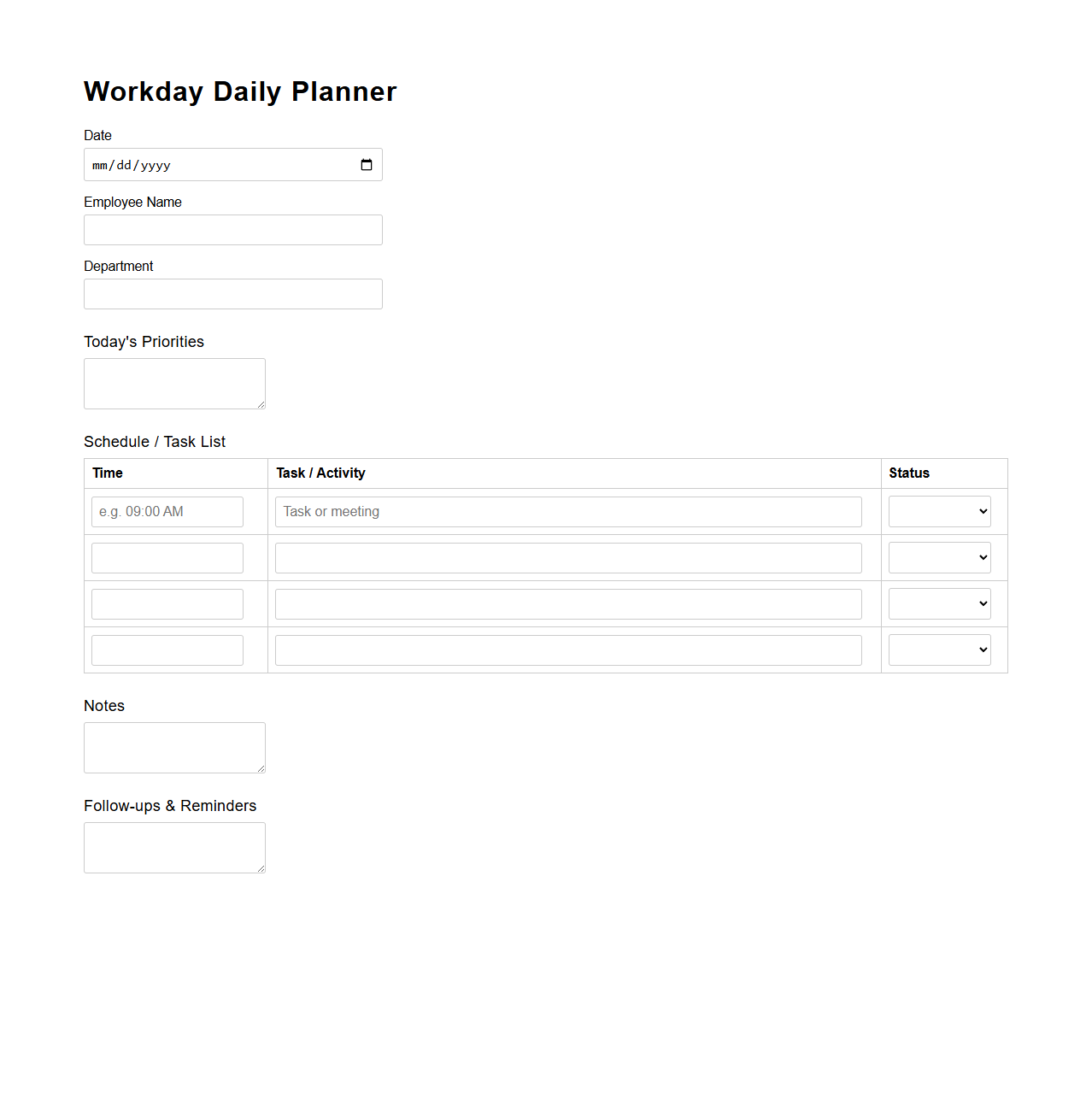 Workday Daily Planner Form for Office Organization