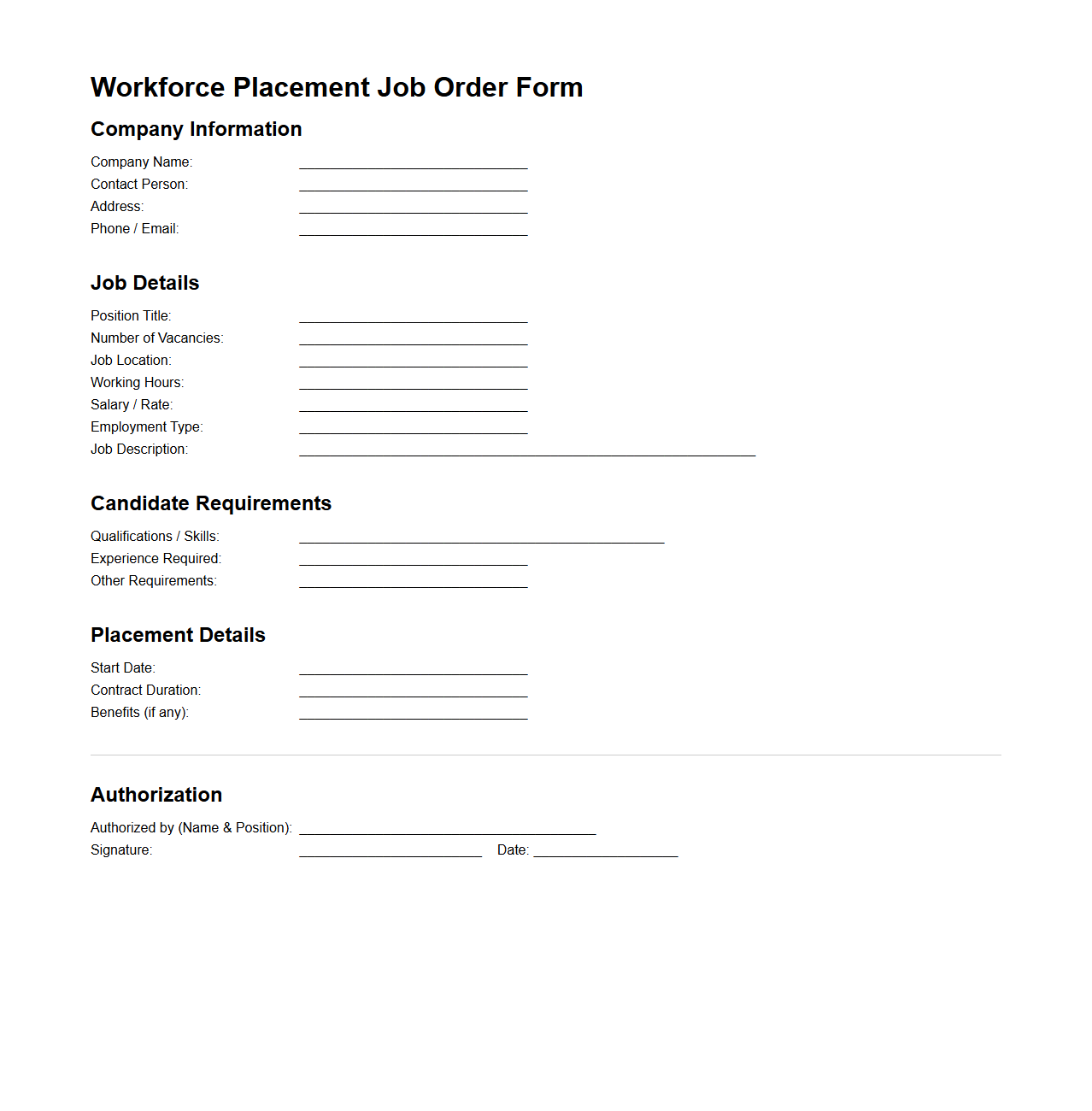Workforce Placement Job Order Format