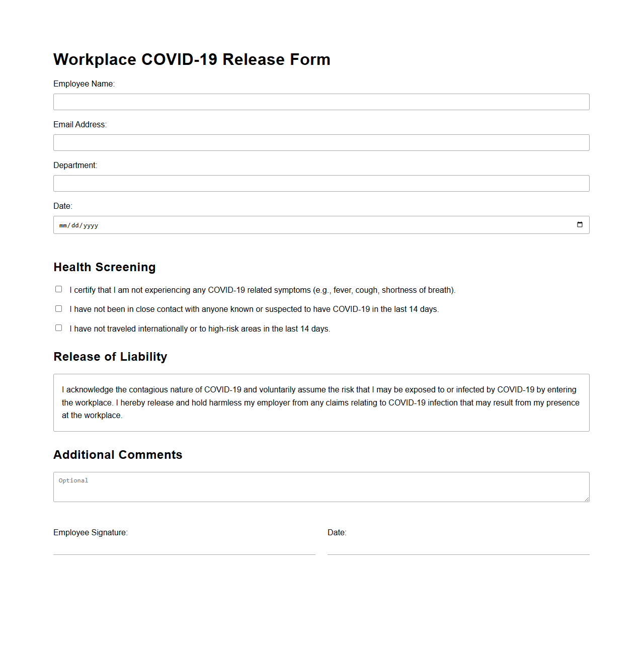 Workplace COVID-19 Release Form Template