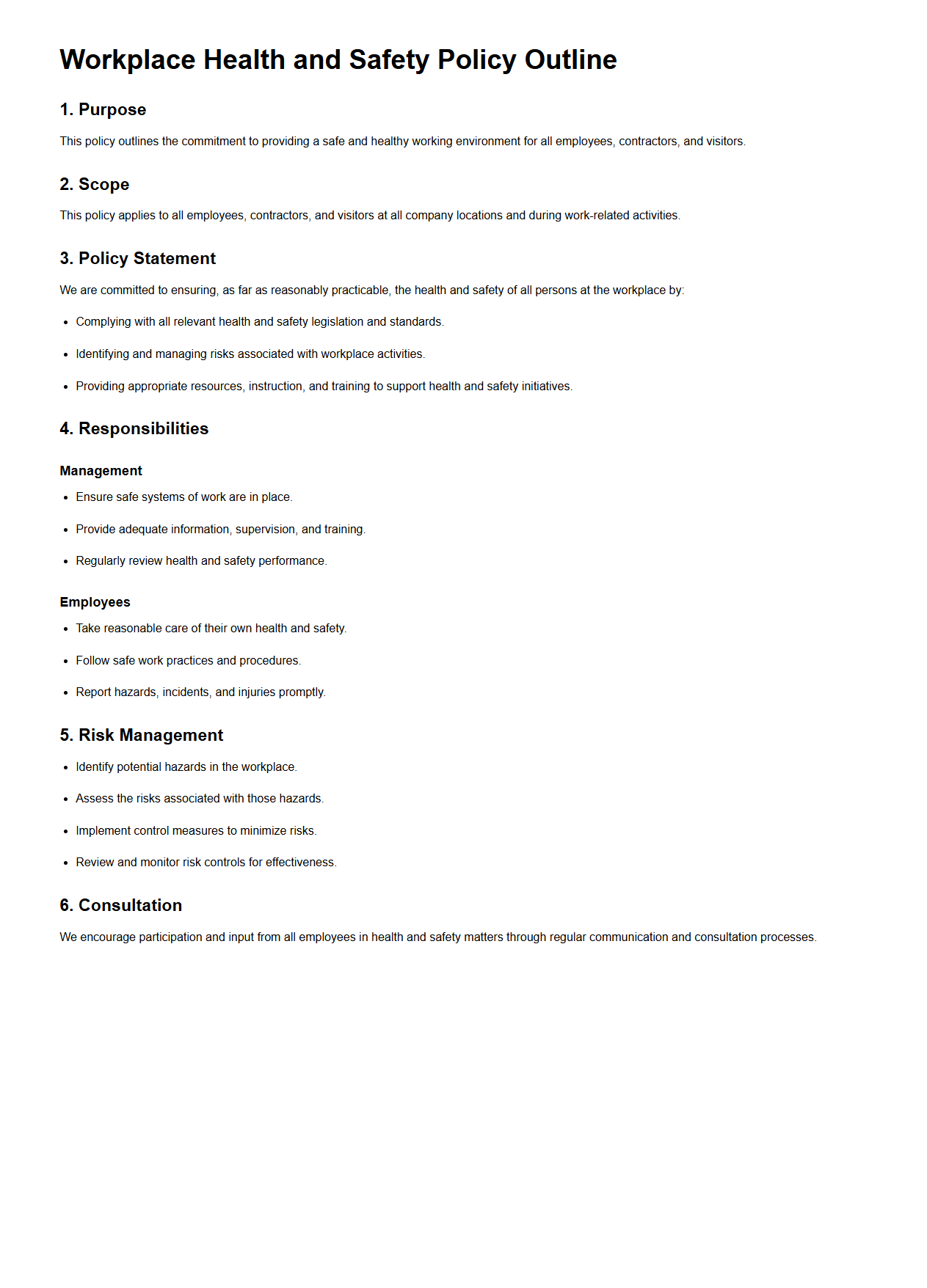 Workplace Health and Safety Policy Outline