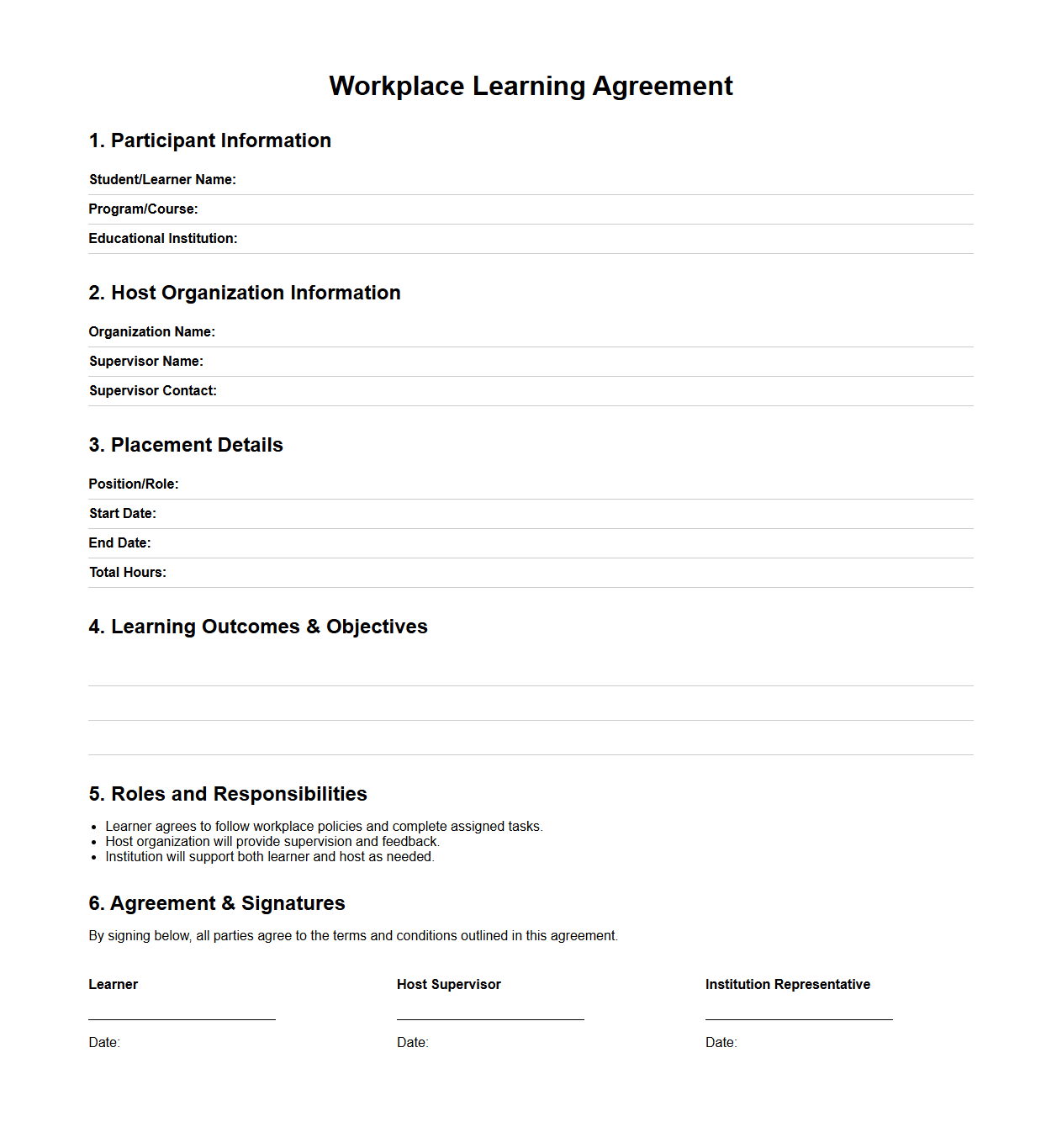 Workplace Learning Agreement Example