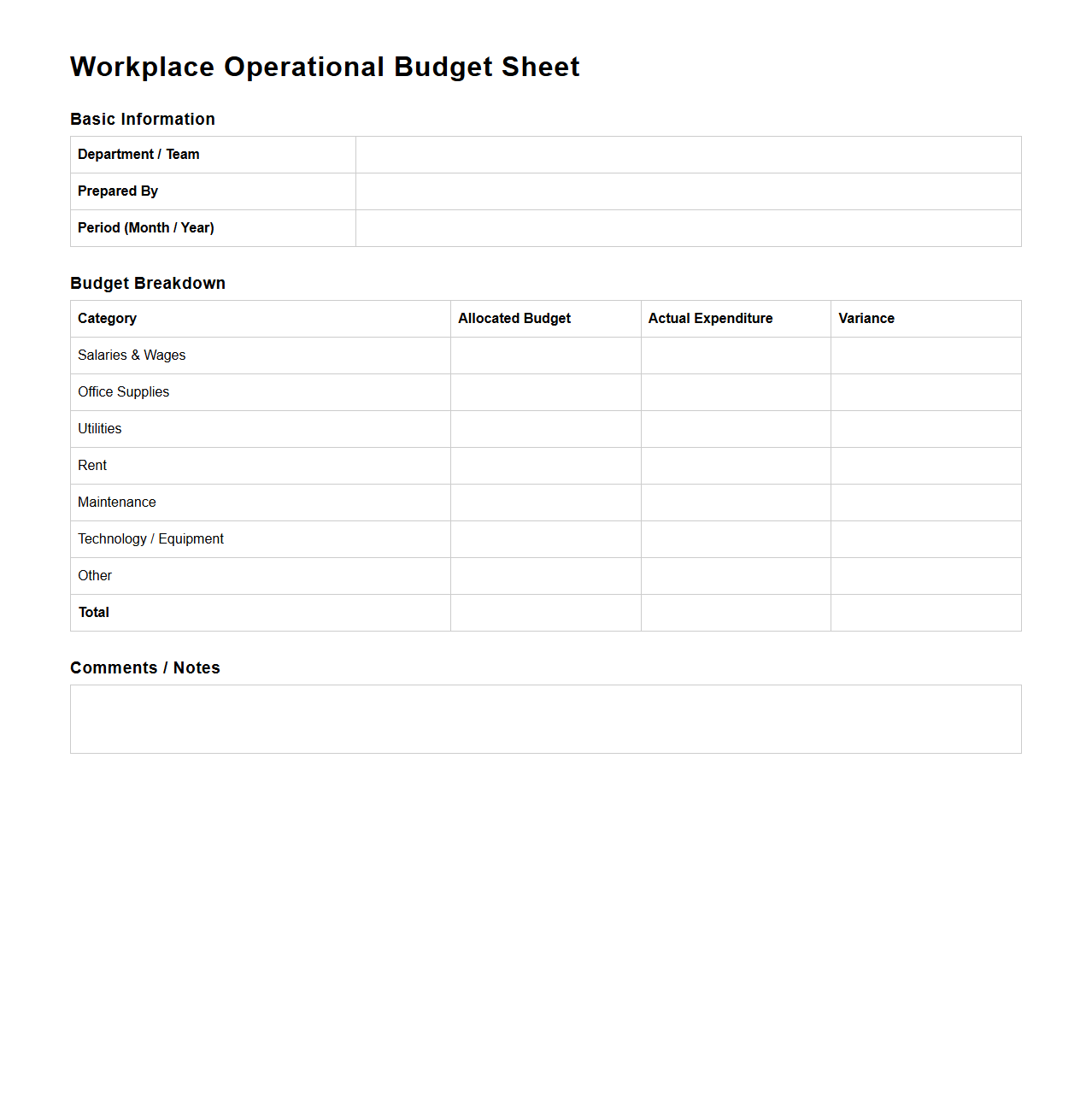 Workplace Operational Budget Sheet