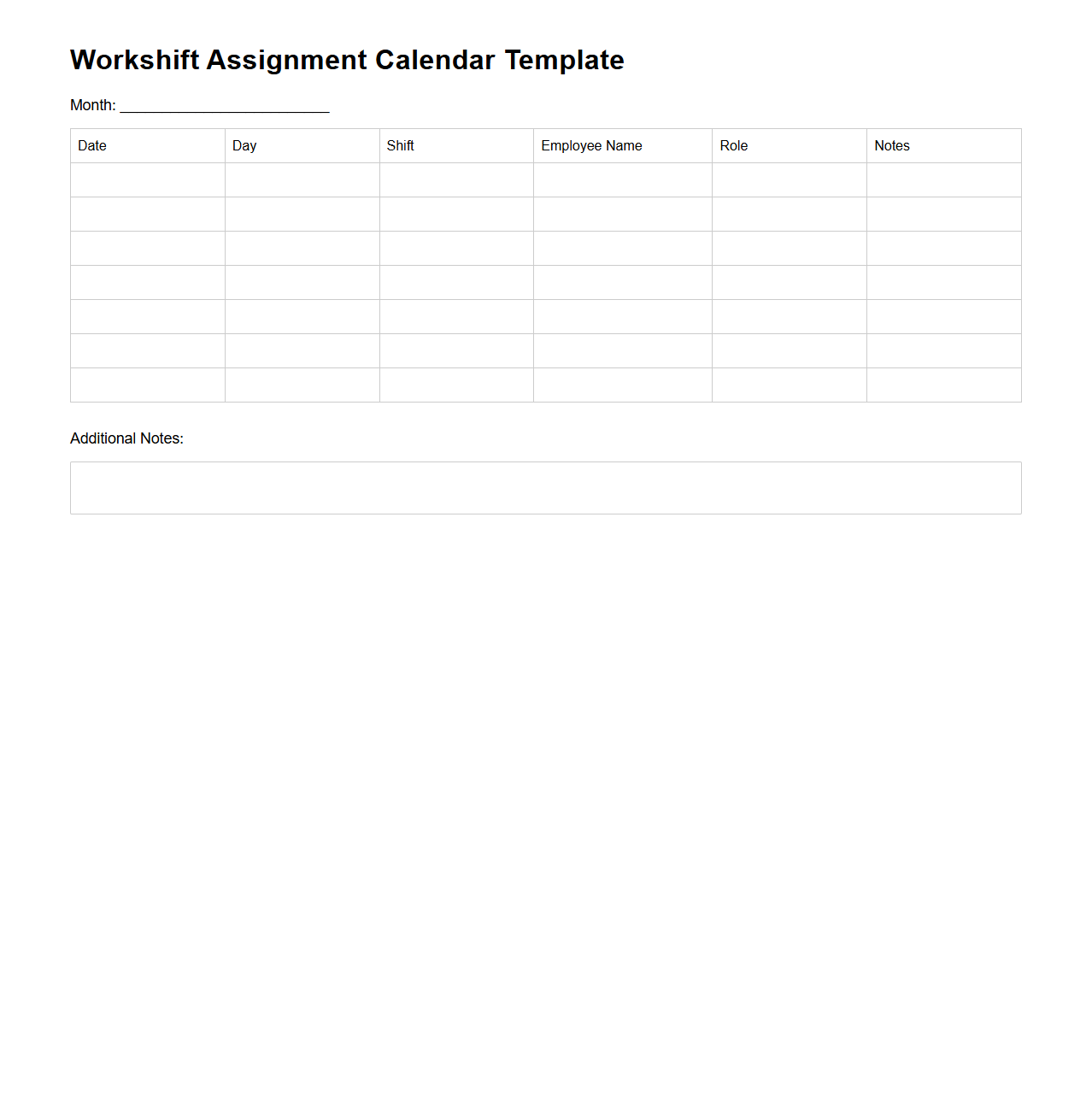 Workshift Assignment Calendar Template