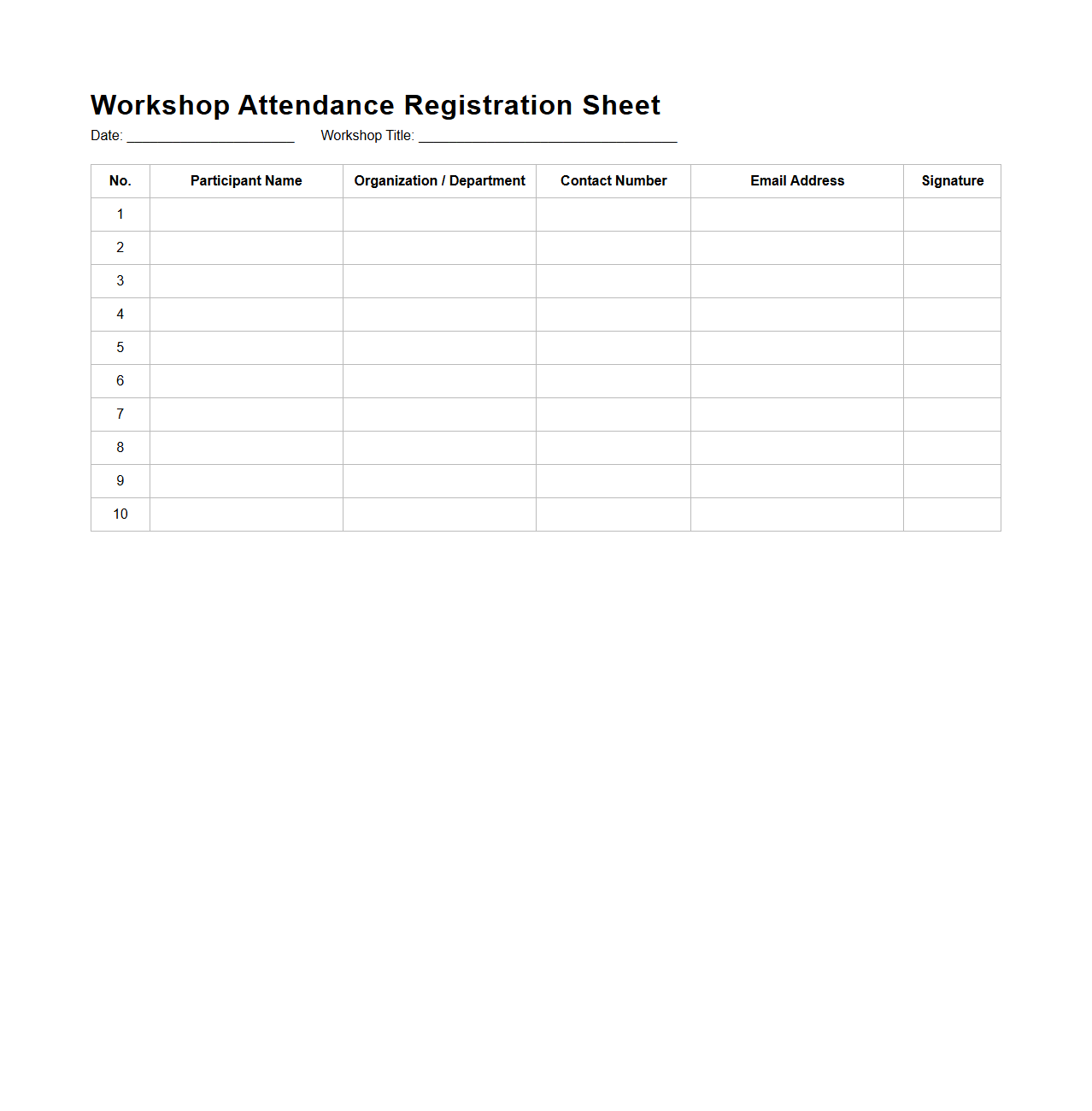 Workshop Attendance Registration Sheet